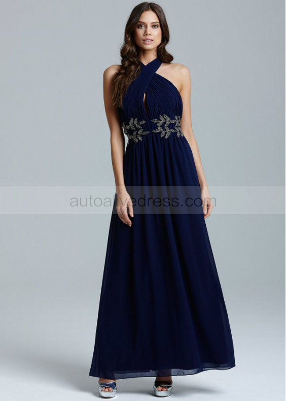 Navy Blue Chiffon Beads Halter Neckline Long Prom Dress 